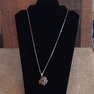 Marcasite Garnet Center Flower Pendant 925 Italy Silver Box Chain Necklace